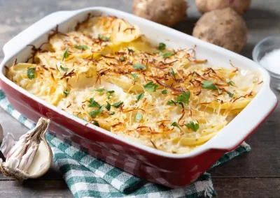 Fuente de patatas gratinadas con queso en soy50plus