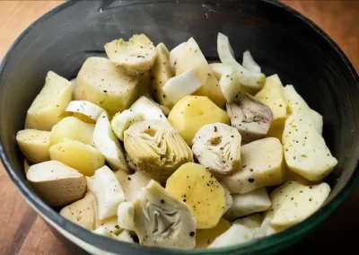 Cuenco con alcachofas y patatas al horno. Receta para Navidades y sana. Receta de verduras.