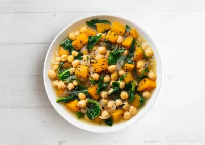 Plato de garbanzos con calabaza y espinacas en recetas soy50plus blog de ocio y noticias para mayores de 50 años.